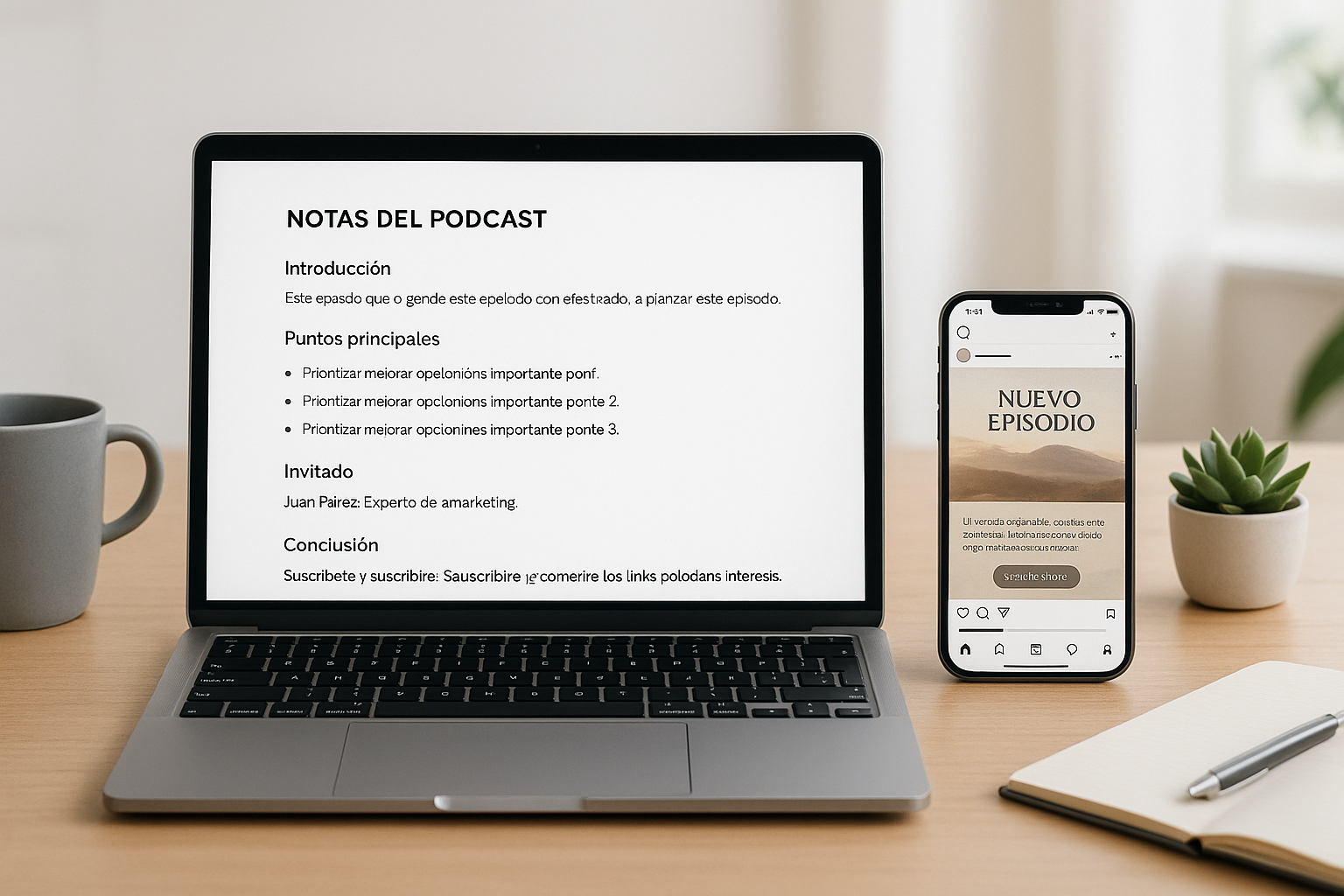 Mockup: portátil con Show Notes y móvil con post de Instagram para un episodio de podcast.